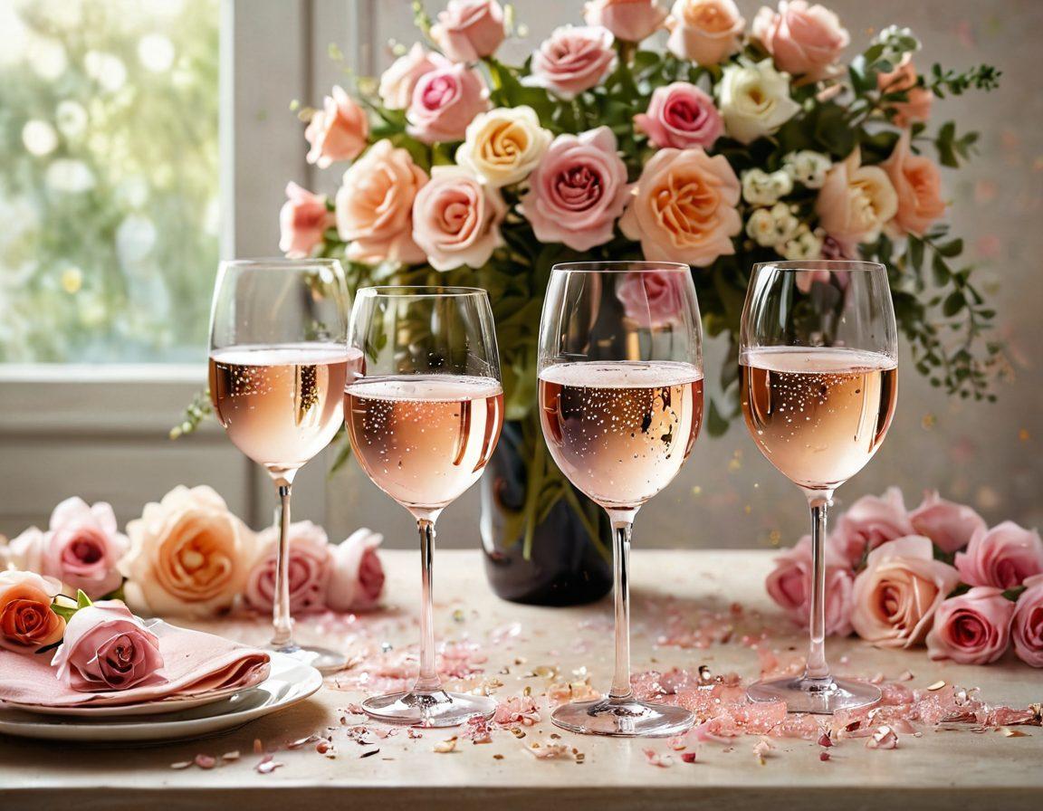 A beautifully arranged table showcasing a gradient of wine glasses filled with rosé transitioning to sparkling champagne, surrounded by delicate pastel flowers and shimmering confetti, capturing the essence of celebration. Soft sunlight filters through, casting gentle shadows and creating a warm ambiance, inviting viewers to partake in the joy of vino. artistic photography. vibrant colors.