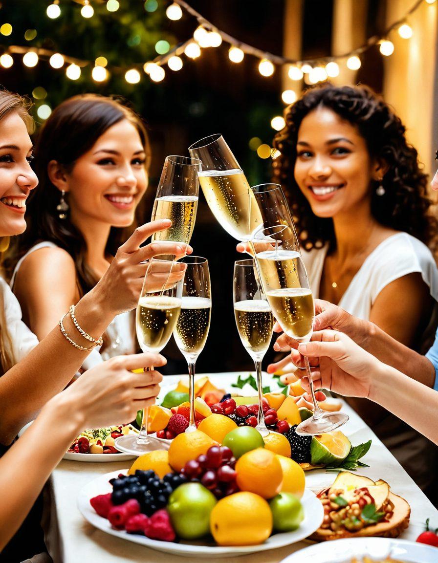 A joyful gathering of diverse friends clinking sparkling champagne glasses filled with bubbly drinks, surrounded by an elegant table adorned with gourmet food pairings and colorful fruits. Soft fairy lights twinkle in the background, creating a warm and inviting atmosphere. Laughter and delight radiate from their smiles, capturing the essence of merriment. super-realistic. vibrant colors. warm lighting.