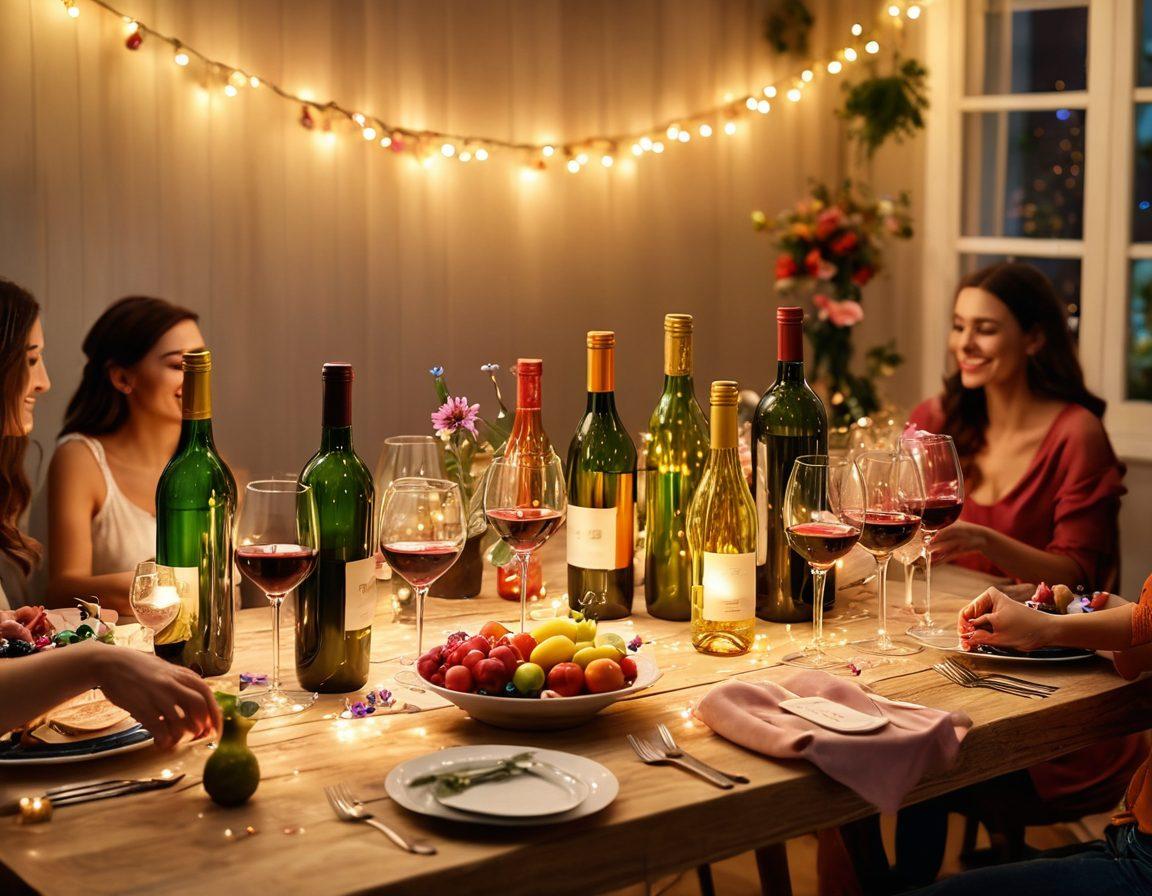 A beautifully set wooden table adorned with an array of colorful wine bottles and glasses, surrounded by cheerful friends toasting with glasses filled with bubbly wine. Soft fairy lights twinkling overhead create a warm, inviting atmosphere, while fresh flowers and fruits enhance the celebration vibe. Lively confetti scattered on the table adds to the festive mood. super-realistic. vibrant colors. warm lighting.